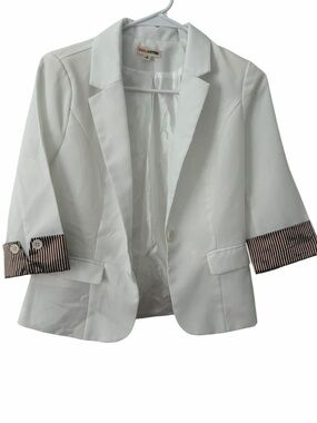 Zenana Outfitters White Women's Tailored Blazer with Striped Cuffs